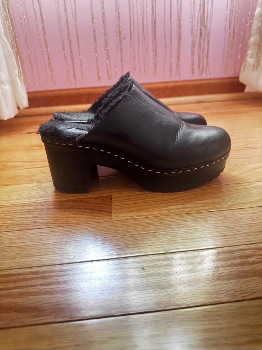 Black Faux-Fur Lined Platform Clog - Women